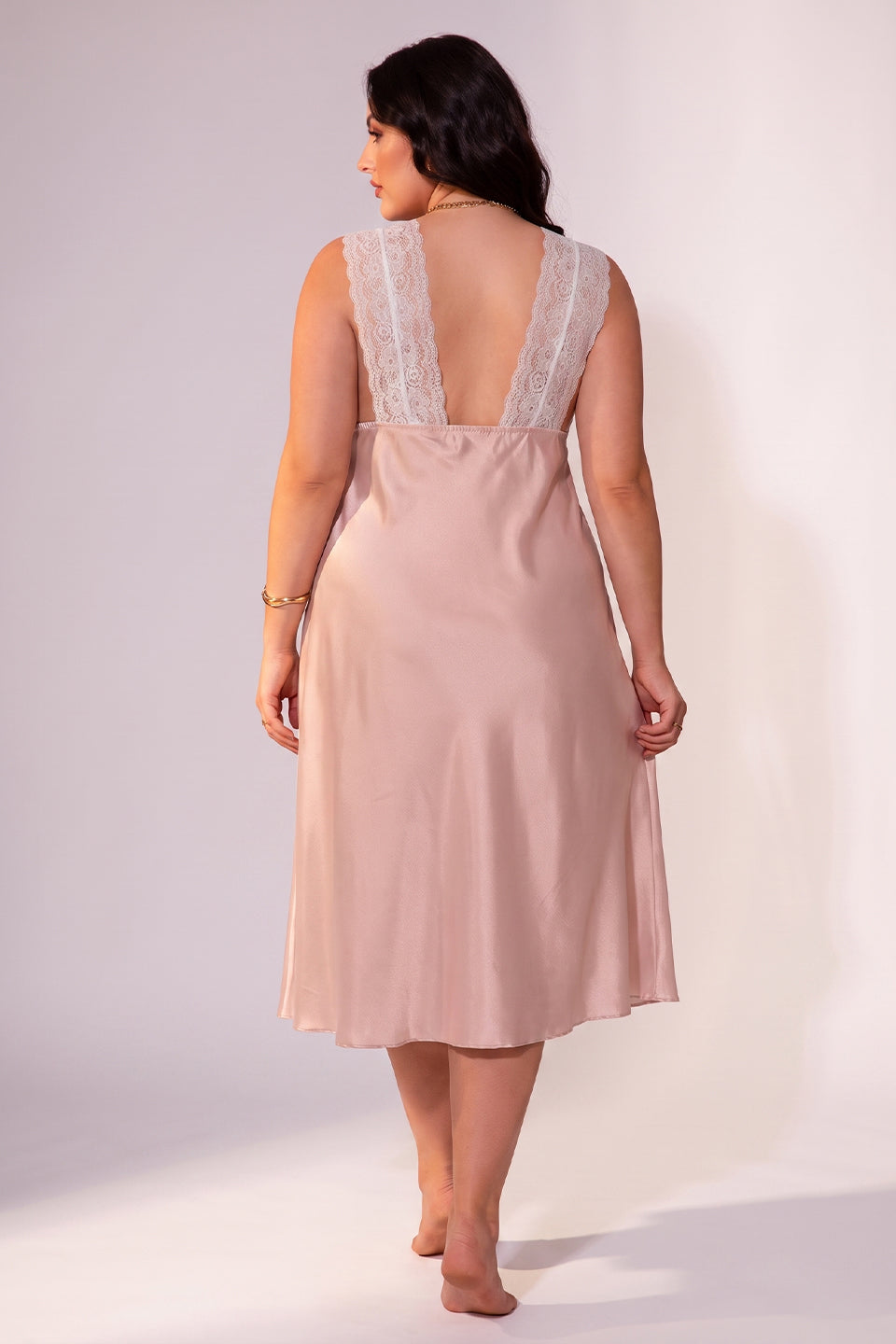 Curveins Plus Size Satin Lace Patchwork Backless Spaghetti Strap Loose Fit Sleep Dress