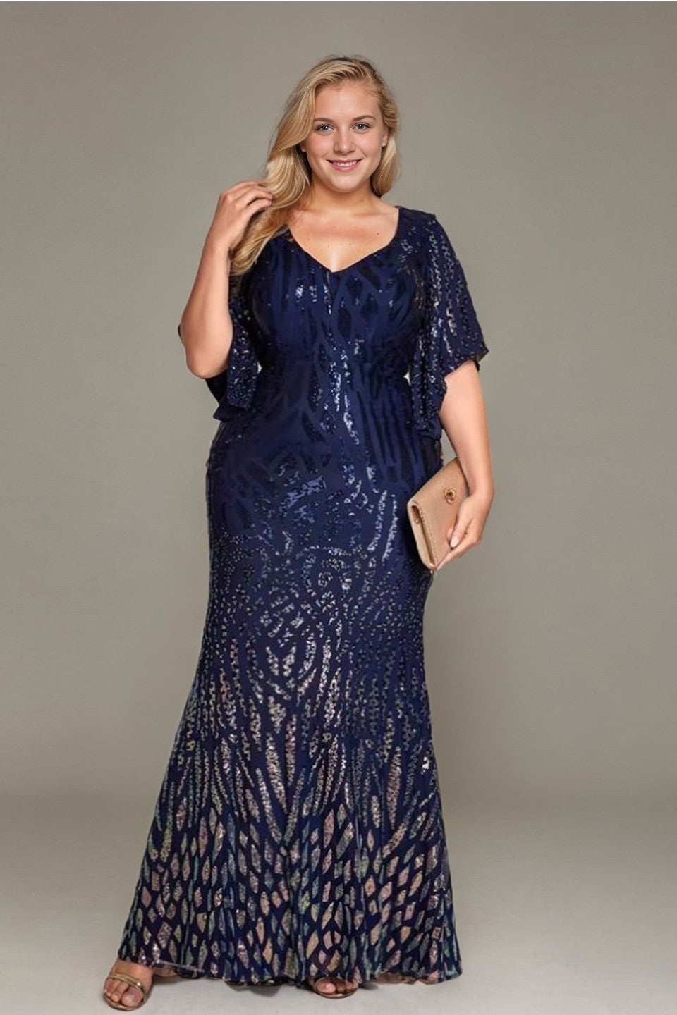 Curveins Plus Size V-Neck Batwing Sleeve Gradient Sequin Bodycon Maxi Dress