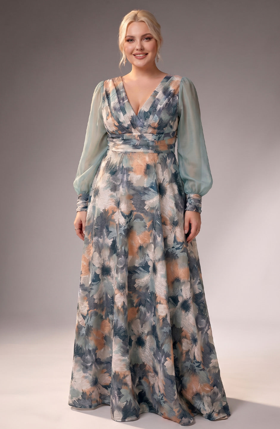 Curveins Plus Size Floral V Neck Long Sleeve Waist Ruched Flowing Maxi Dress