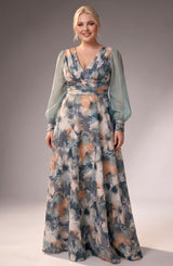 Curveins Plus Size Floral V Neck Long Sleeve Waist Ruched Flowing Maxi Dress