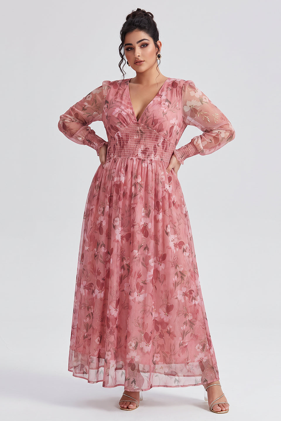 Curveins Plus Size V Neck Long Sleeve Floral Cinched Waist Maxi Dress