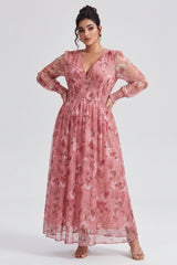 Curveins Plus Size V Neck Long Sleeve Floral Cinched Waist Maxi Dress