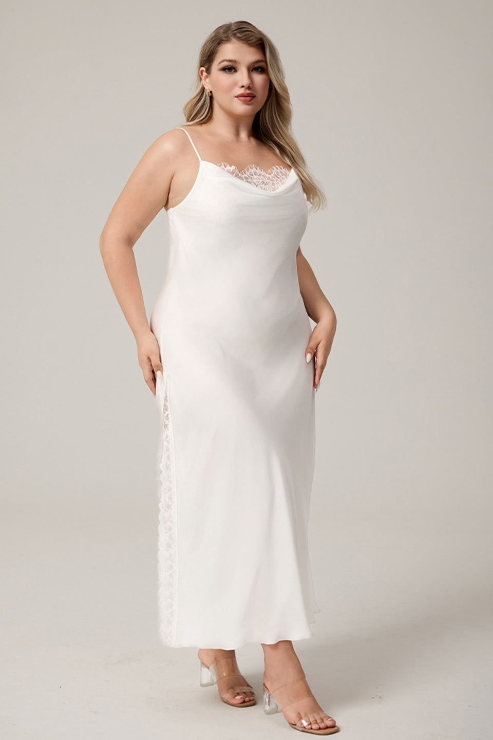 Curveins Plus Size Trimmed Lace High-Slit Spaghetti Strap Dress, Chic Elegant Nightwear