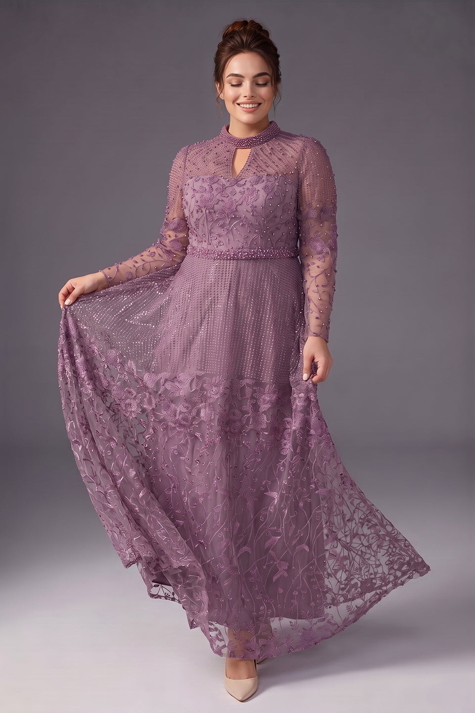 Curveins Plus Size Stand Collar Long Sleeve Floral Beaded Elegant Maxi Dress