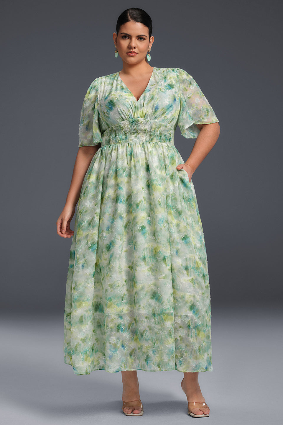 Plus Size Printed V-Neck Balloon Sleeve Maxi Dress