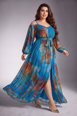 Curveins Plus Size Spaghetti Strap Off Shoulder Puff Sleeve Elegant Maxi Dress