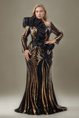 Curveins Plus Size Square Neck Long Sleeve Sequin Bodycon Gold Stripe Maxi Dress