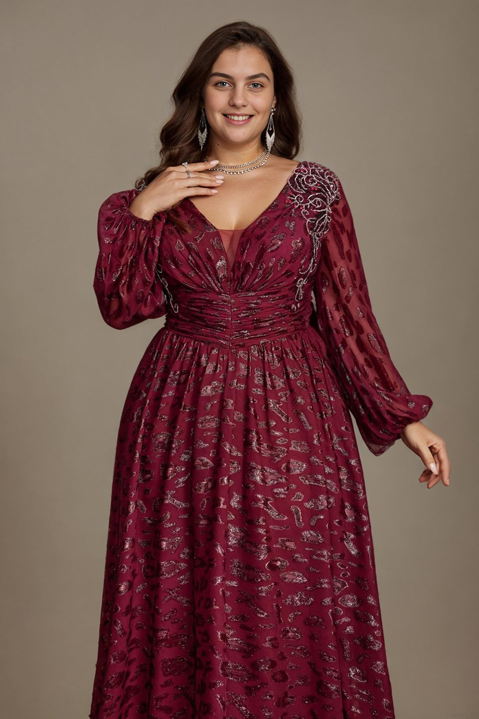 Curveins Chic Plus Size V-Neck Floral Pattern Lantern Sleeve Gown