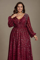 Curveins Chic Plus Size V-Neck Floral Pattern Lantern Sleeve Gown