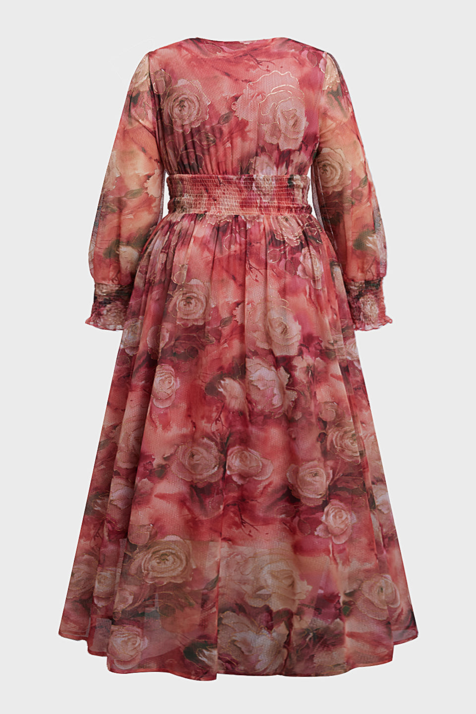 Curveins Plus Size V Neck Long Sleeve Floral Waist Maxi Dress