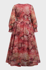 Curveins Plus Size V Neck Long Sleeve Floral Waist Maxi Dress