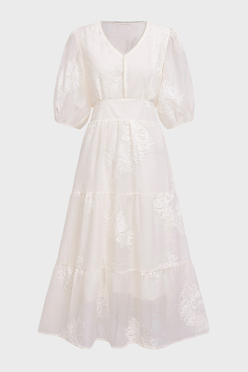 Curveins Plus Size Cross-Collar Embroidered Puff Sleeve Maxi Dress