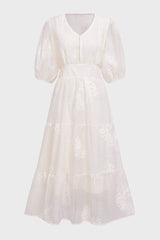 Curveins Plus Size Cross-Collar Embroidered Puff Sleeve Maxi Dress