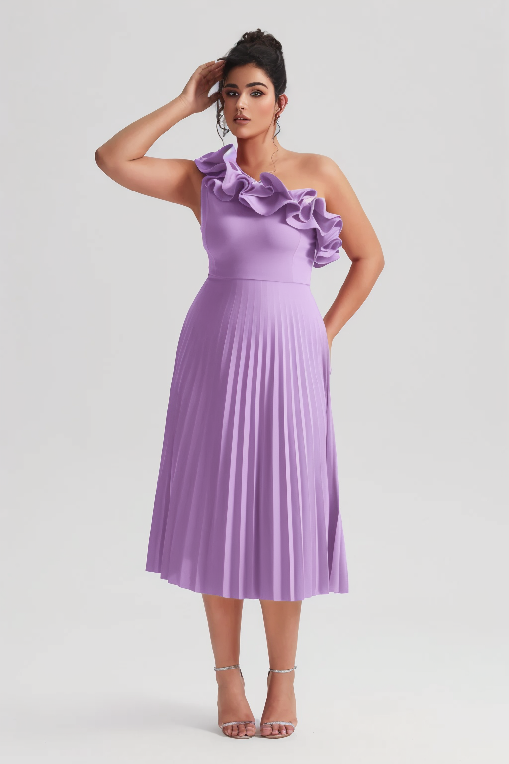 Curveins Plus Size Slimming Asymmetric One-Shoulder Ruffle Trim Pleated Dress