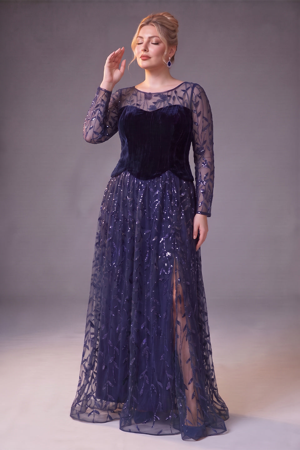 Curveins Plus Size Crew Neck Long Sleeve Leaf Sequin High Slit Velvet Maxi Dress