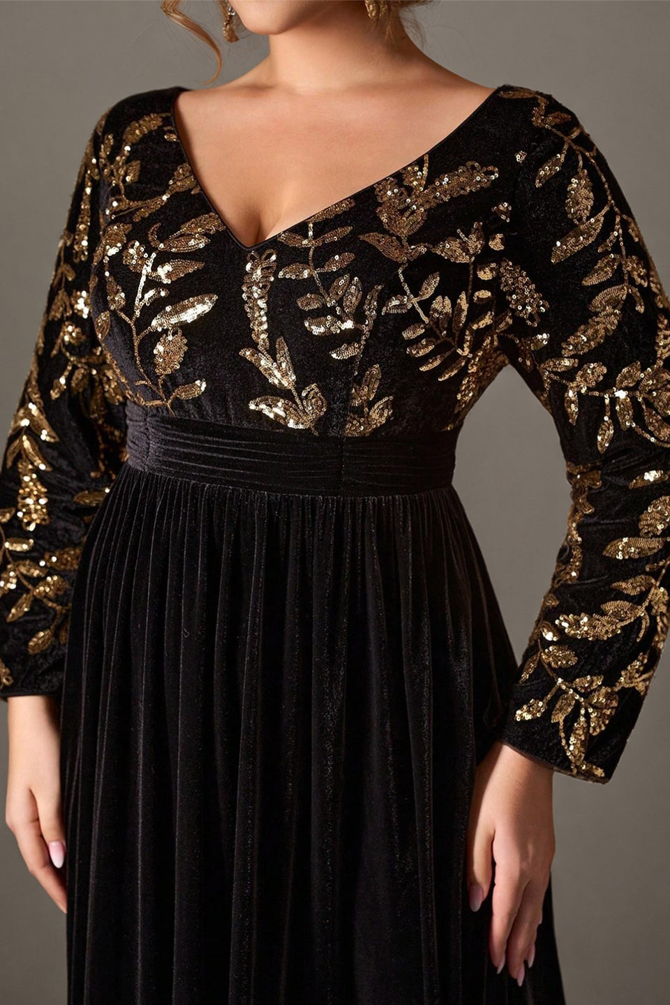 Curveins Plus Size V-Neck Long Sleeve Sequin Floral Embellished Velvet Evening Gown