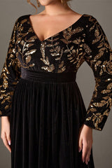 Curveins Plus Size V-Neck Long Sleeve Sequin Floral Embellished Velvet Evening Gown