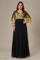 Curveins Plus Size V-Neck Floral Patchwork Maxi Dress with Flattering Flare Sleeves