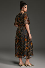 Curveins Plus Size V-Neck Sheer Batwing Sleeve Floral Velvet Midi Dress