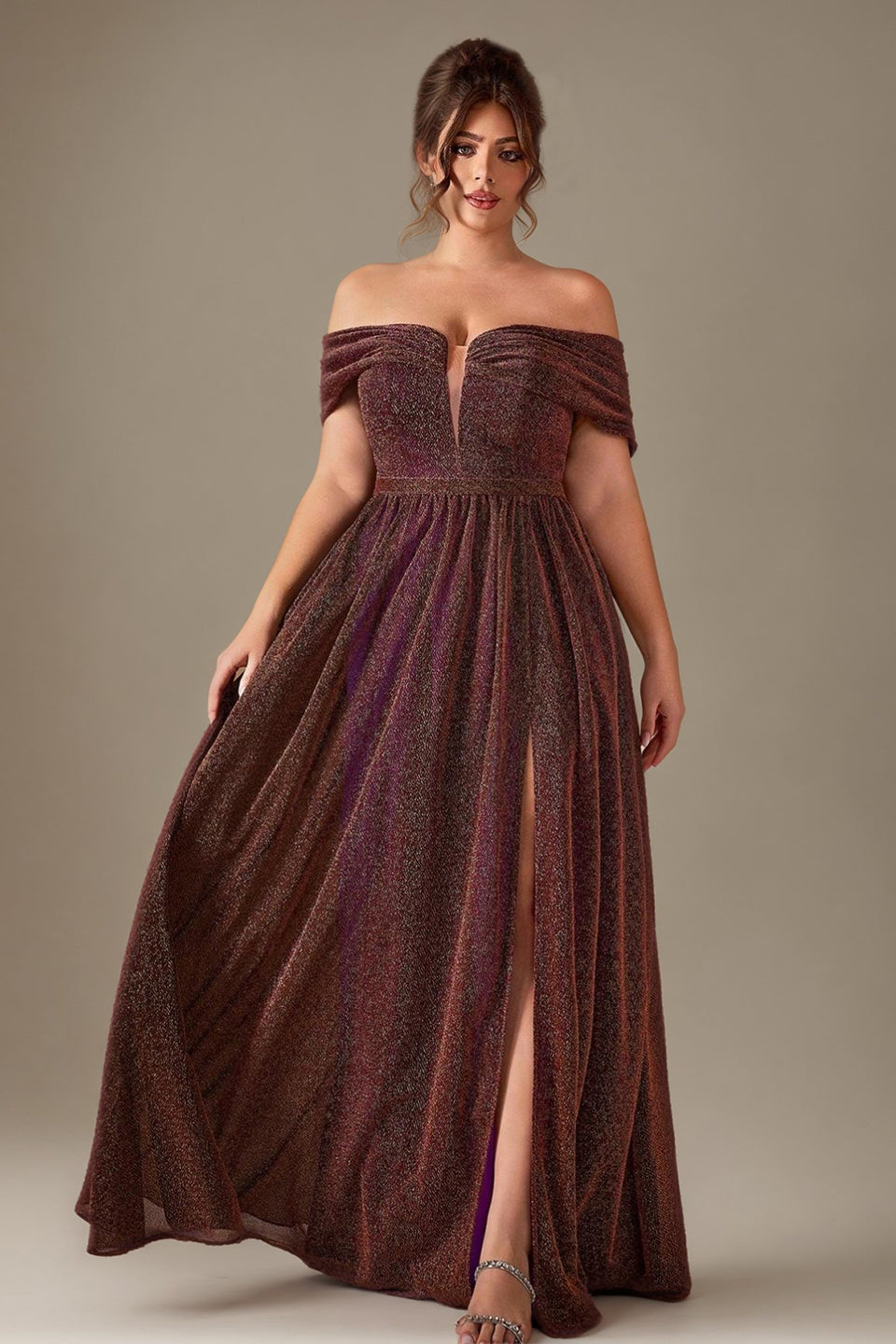 Curveins Plus Size Off-Shoulder Sequin Slit Evening Gown