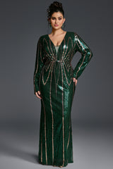 Curveins Plus Size V-Neck Long Sleeve Spider Web Sequin Bodycon Maxi Dress