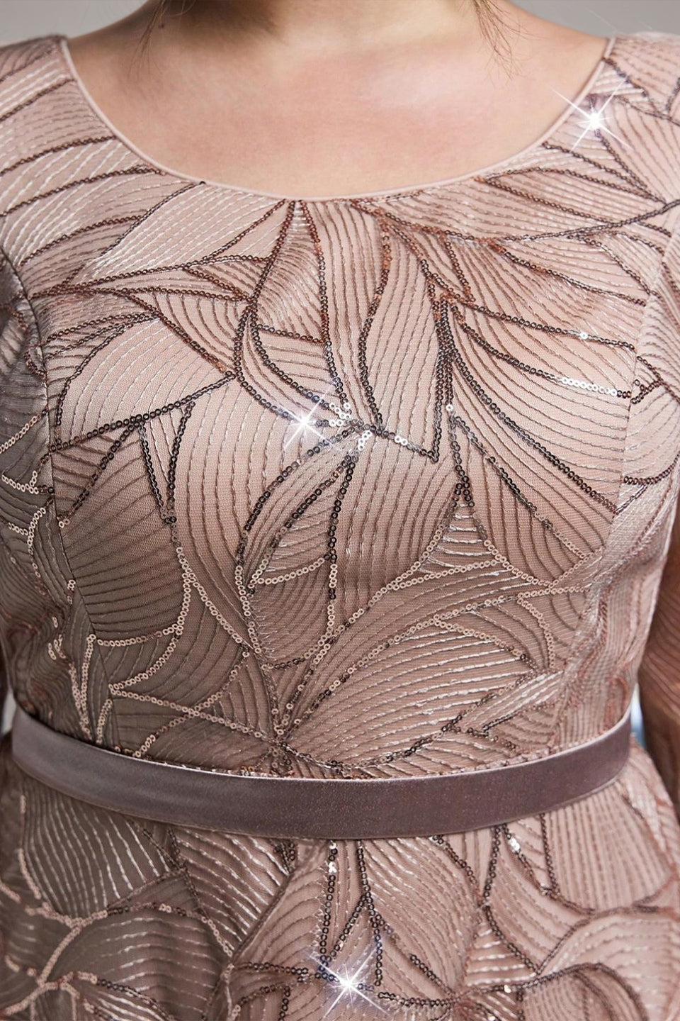 Curveins Plus Size Elegant Round Neck Sequin Floral Waist-Fit Maxi Dress