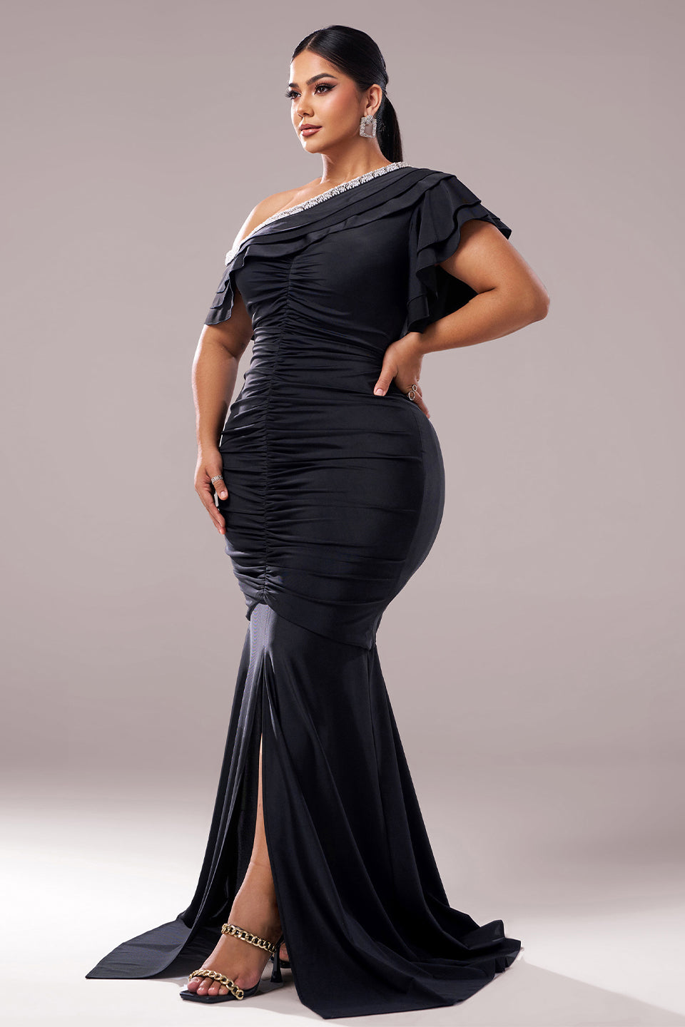 Curveins Plus Size Asymmetric Shoulder Slim-Fit Front Slit Long Dress
