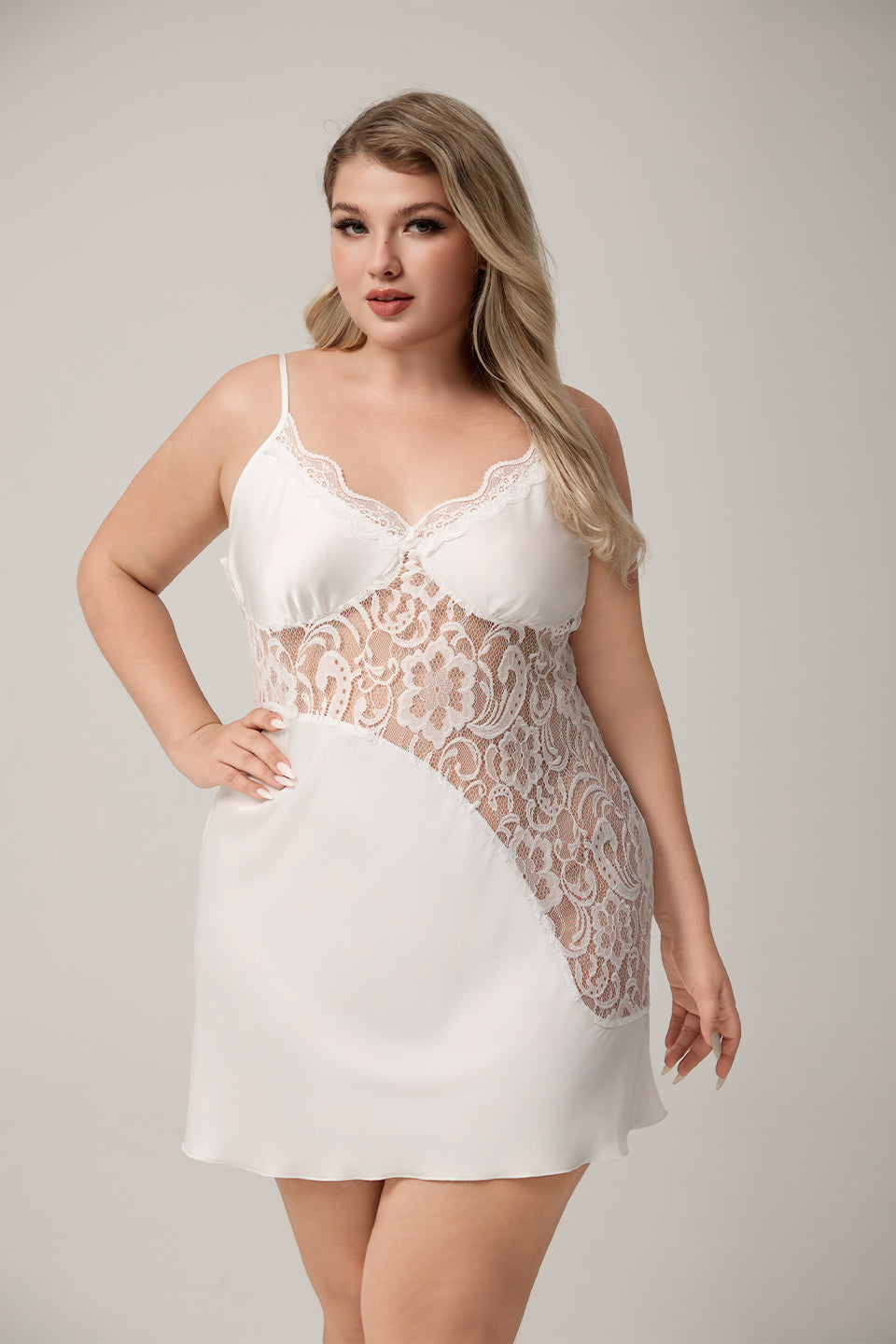 Curveins Plus Size Mid-Panel Lace Spaghetti Strap Sleep Top, Sexy Comfortable Nightwear