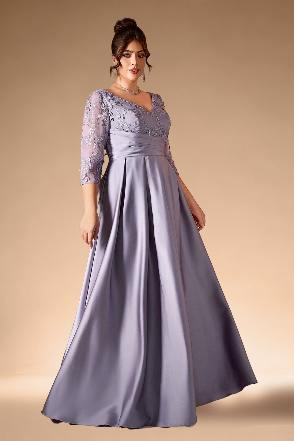 Curveins Plus Size Elegant V-Neck Embroidery Half-Sleeve Slimming Maxi Dress