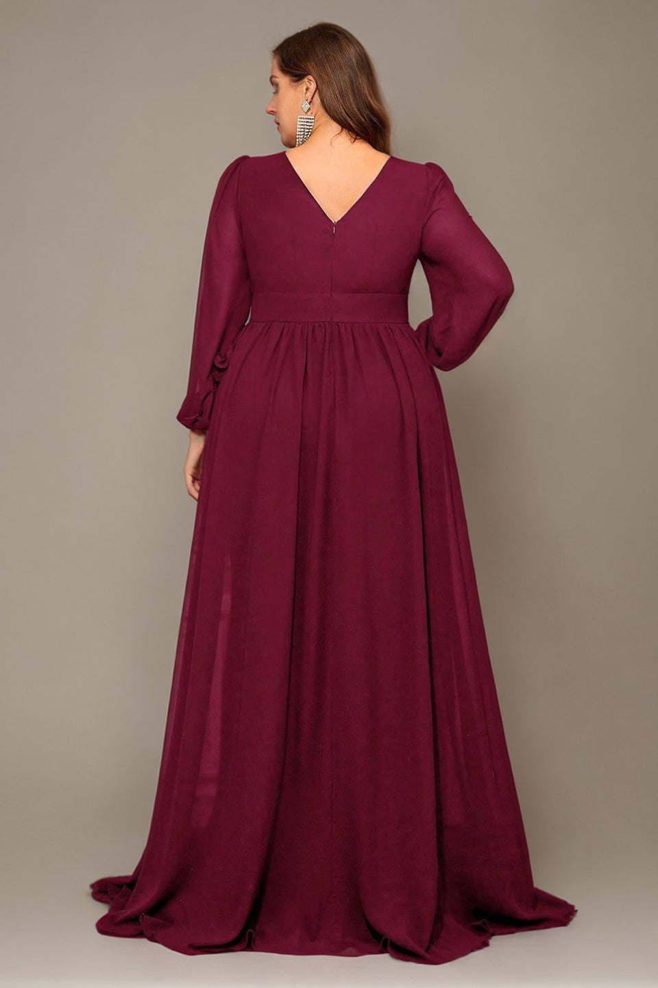 Curveins Plus Size V-Neck Chiffon Maxi Dress with Floral Lantern Sleeves