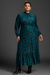 Plus Size Vintage Floral Velvet Green Maxi Dress