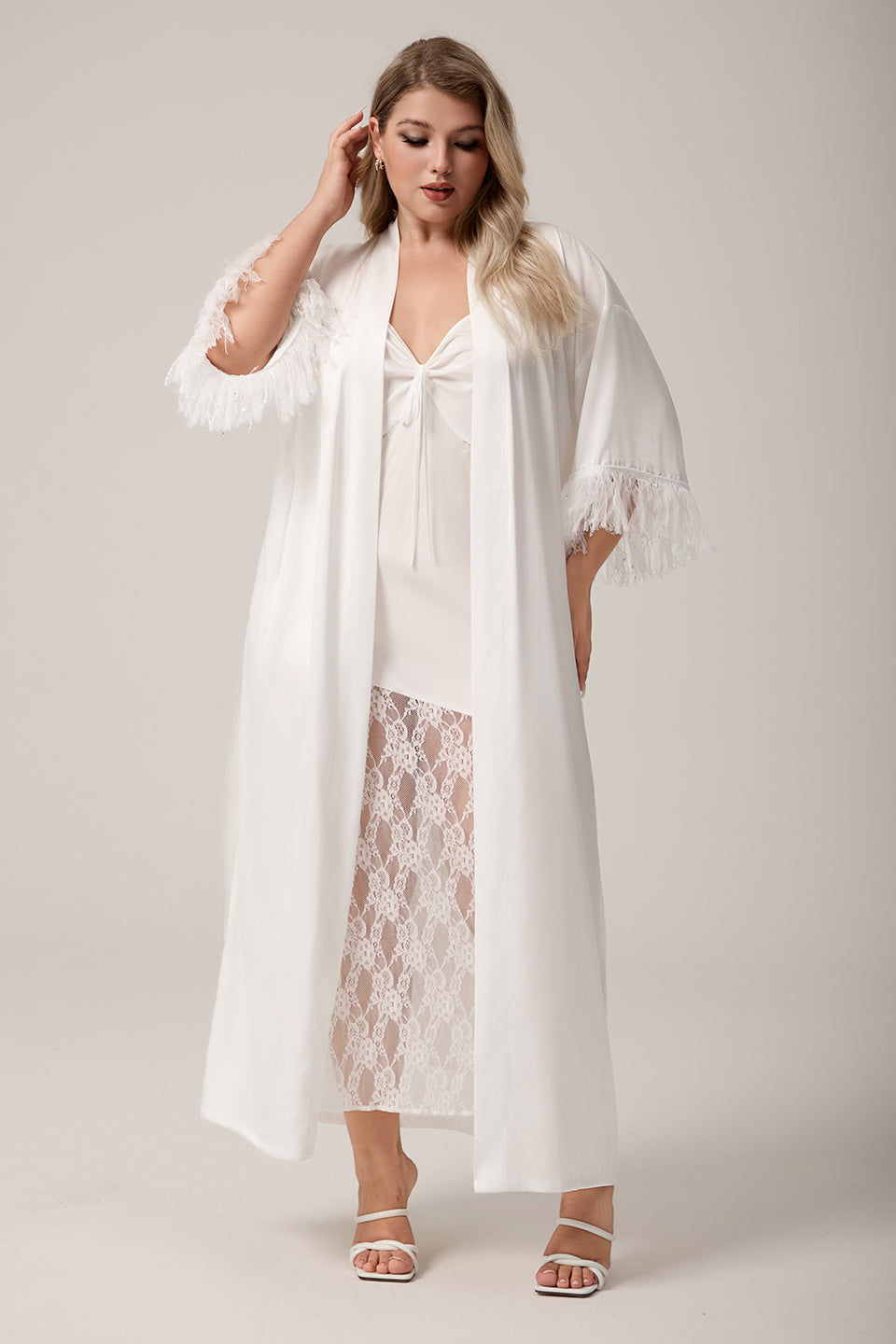 Curveins Plus Size Long Satin Chiffon Feather Sleeve Relaxed Fit Robe Sleepwear