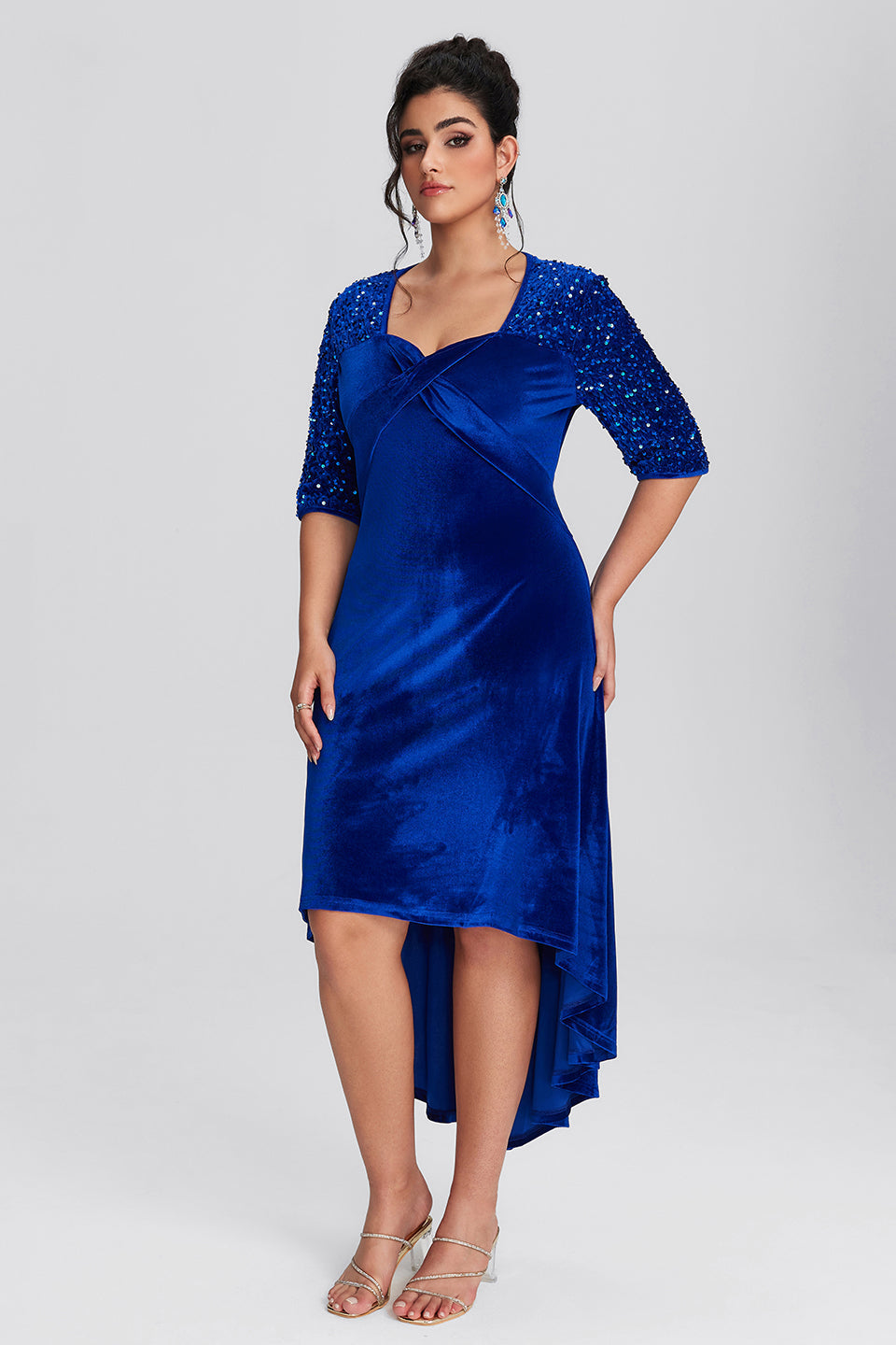 Curveins Plus Size Asymmetric Hem Velvet Maxi Dress With Sequin