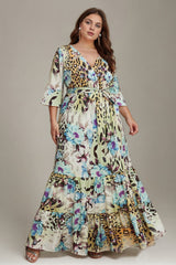 Curveins Plus Size Chiffon Floral Print Mid Sleeve Cinched Waist Maxi Dress