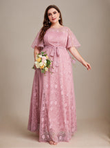 Curveins Plus Size Round Neck Batwing Sleeve Lace Tie Waist Maxi Dress