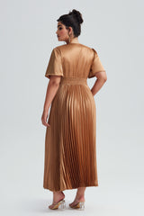 Curveins Plus Size Satin Ruched Elegant V-Neck Maxi Dress