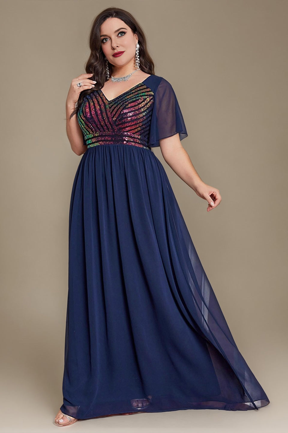 Curveins Plus Size V-Neck Batwing Sleeve Waist-Defined Sequin Patchwork Dress