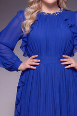 Curveins Plus Size Elegant Round Neck Long Sleeve Ruched Waist Slim Fit Evening Maxi Dress