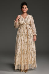 Curveins Plus Size V-Neck Sequin Tassel High-Waist Maxi Dress