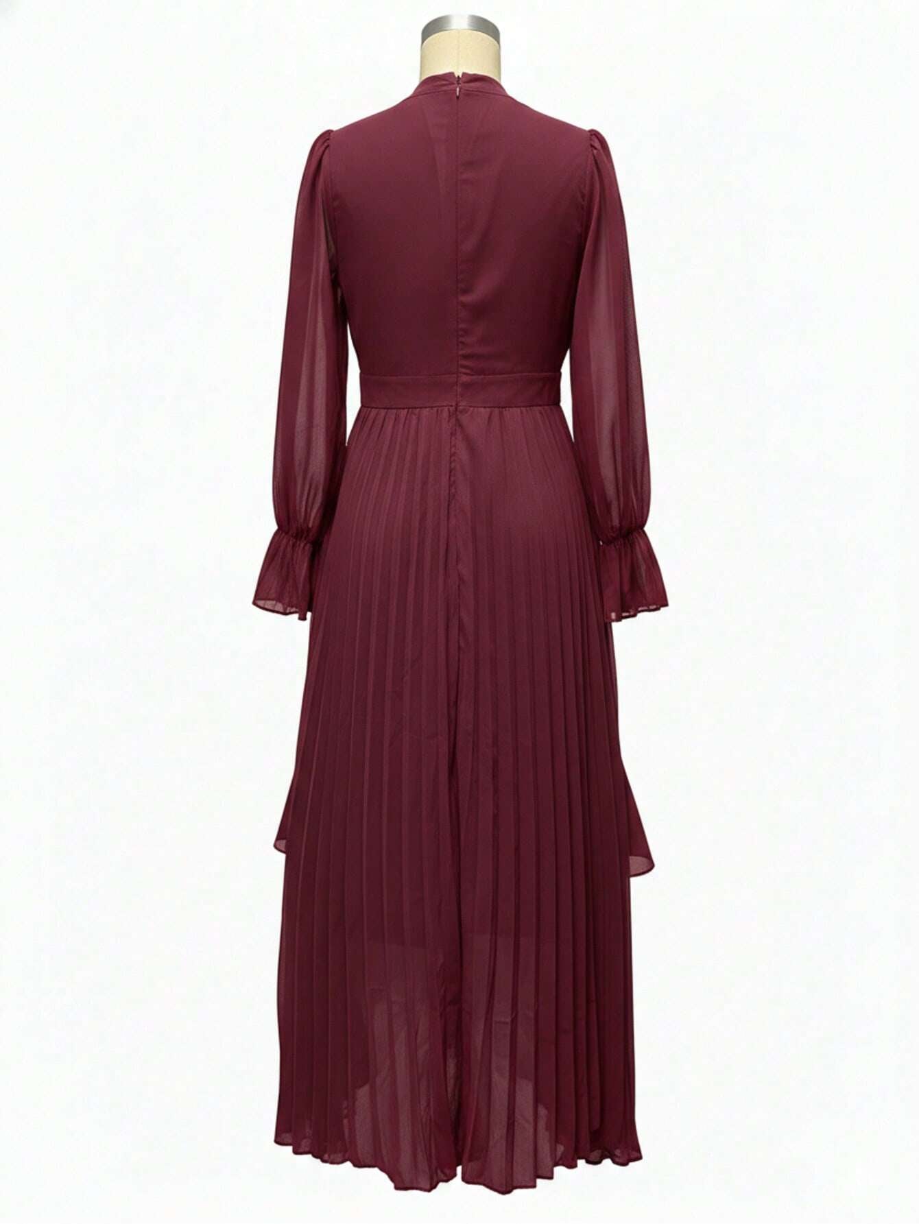 Curveins Plus Size Long Sleeve Ruffle Detail Pleated Asymmetrical Hem Midi Dress
