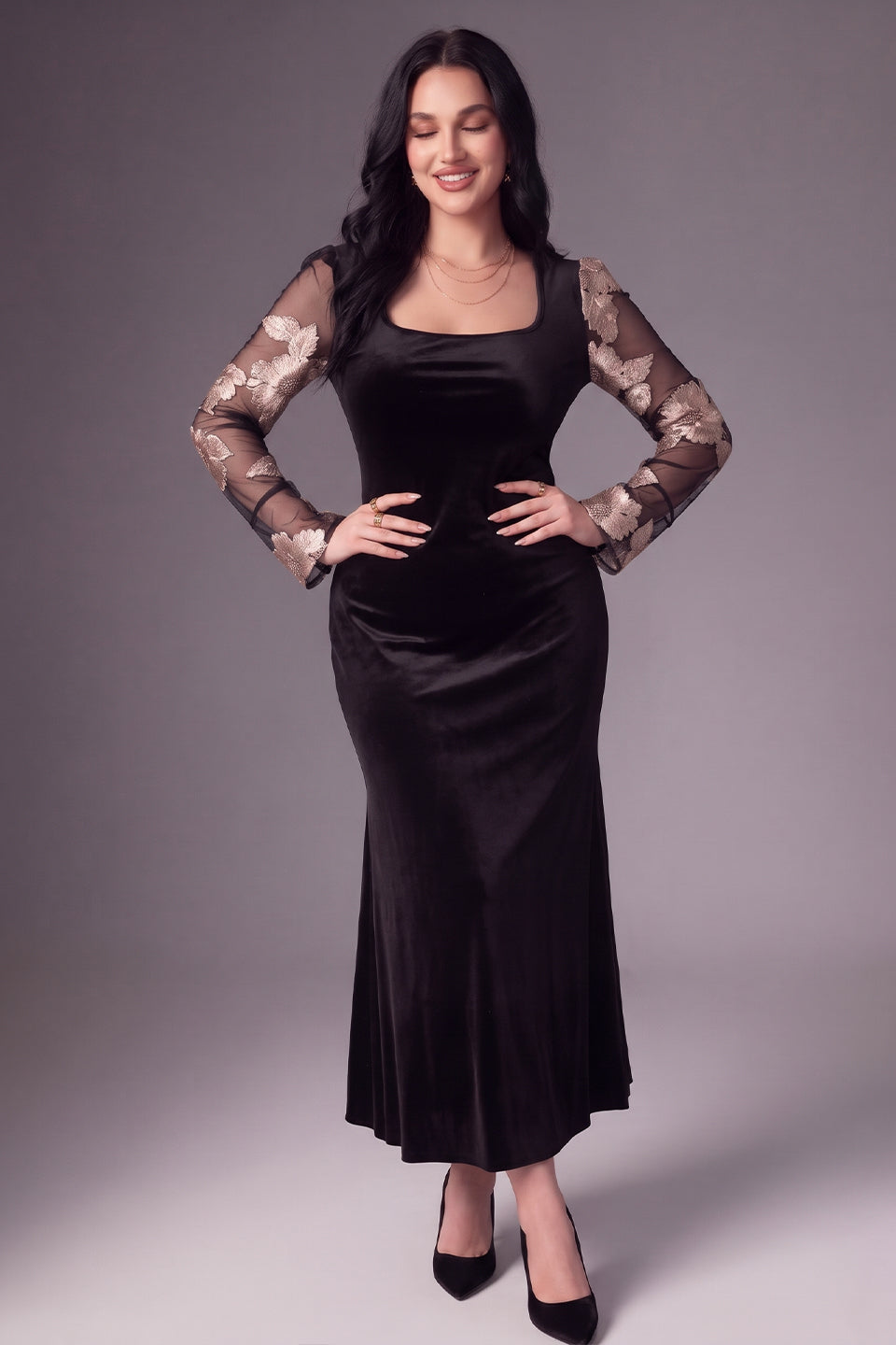 Curveins Plus Size Square Neck Metallic Velvet Mermaid Hem Glamorous Maxi Dress