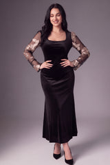 Curveins Plus Size Square Neck Metallic Velvet Mermaid Hem Glamorous Maxi Dress