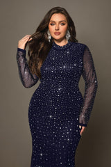 Curveins Plus Size Elegant Round Neck Sheer Sleeves Sequin-Hugging Long Dress