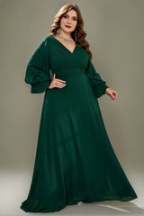 Curveins Plus Size Elegant V-Neck Lantern Sleeve Pleated-Waist Formal Gown