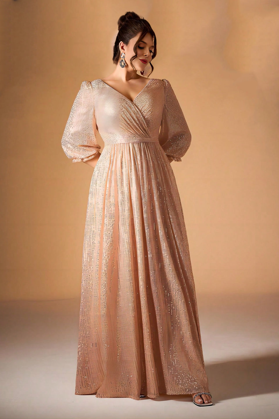 Curveins Plus Size V-Neck Puff Sleeve Sequin Maxi Dress with Cinched Waist