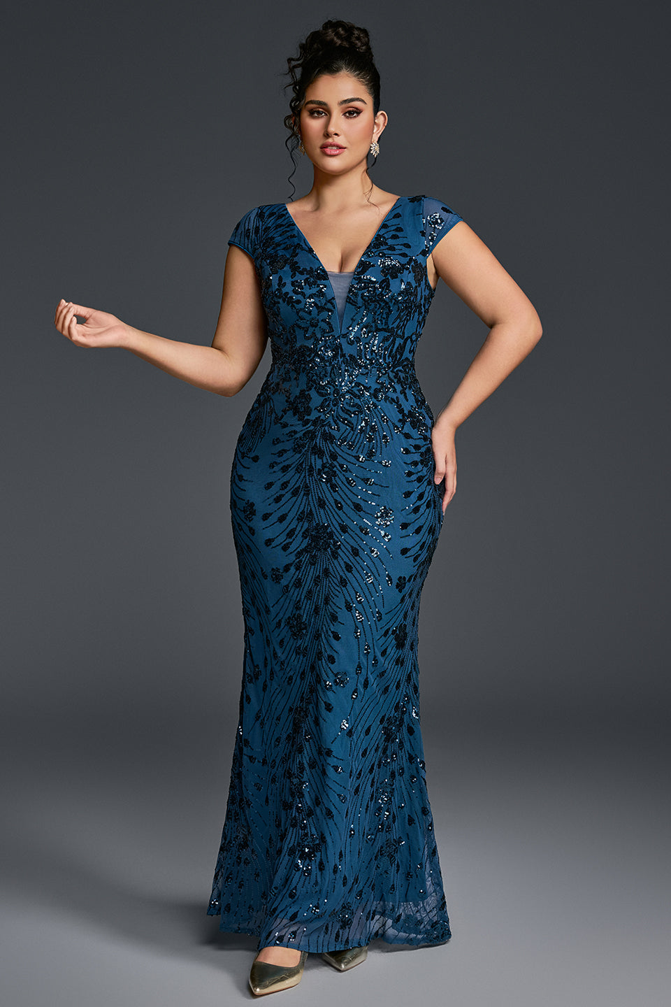 Curveins Plus Size One-Shoulder Side Slit and Waist Cinch Maxi Dress