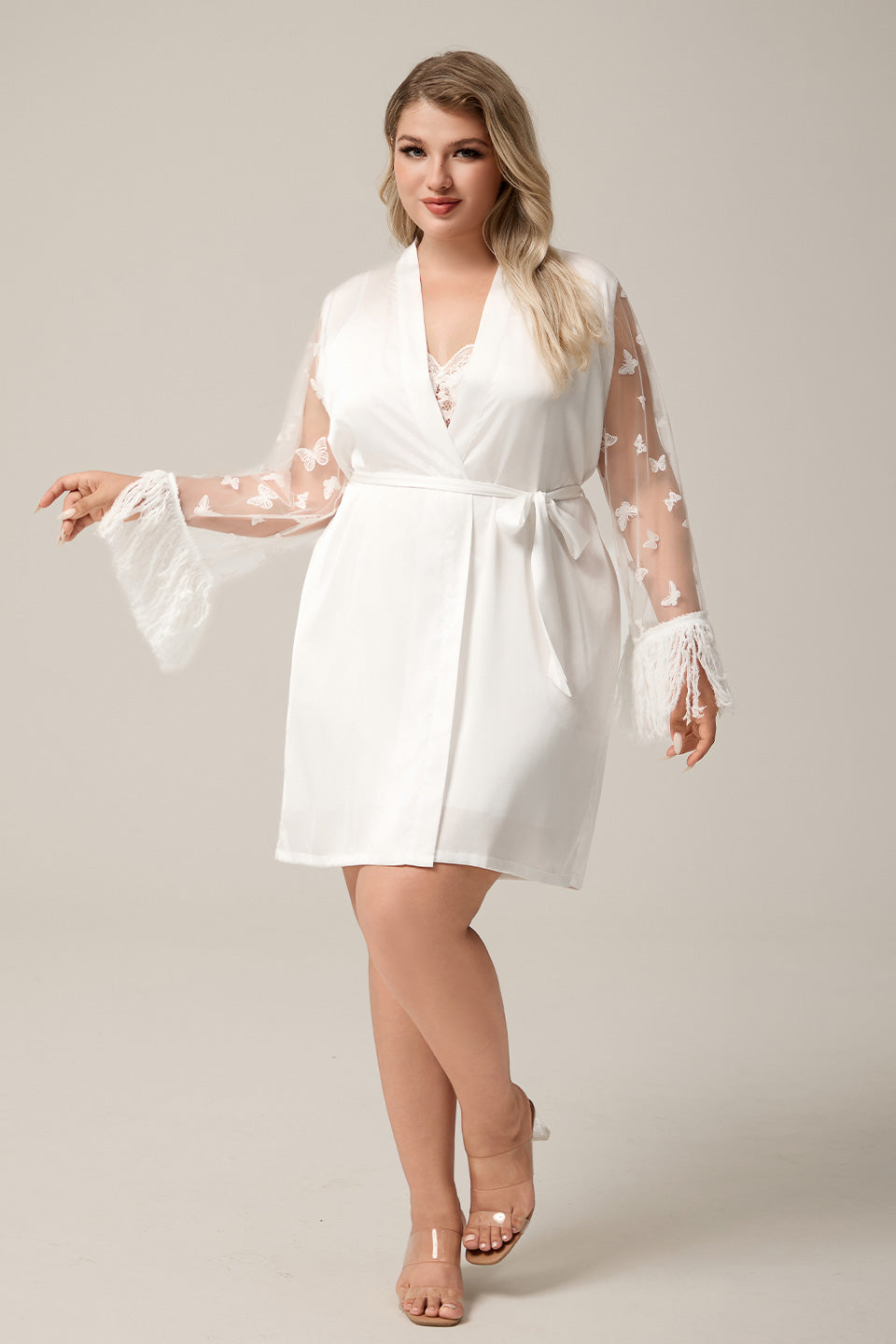 Curveins Plus Size Transparent Sleeve Lace Top with Tassel Cuffs, Stylish Short Pajama Set