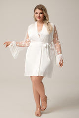 Curveins Plus Size Transparent Sleeve Lace Top with Tassel Cuffs, Stylish Short Pajama Set