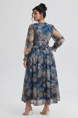 Curveins Plus Size V Neck Long Sleeve Floral Waist Maxi Dress