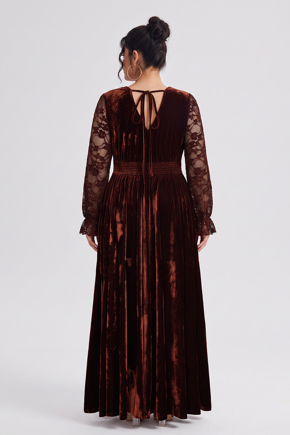 Curveins Plus Size Elegant V Neck Long Sleeve Ruched Waist Flowy Maxi Dress